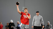 Ohio State Buckeyes quarterback Will Howard throws during the pro day for NFL scouts at the Woody Hayes Athletic Cente on March 26, 2025.