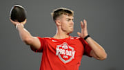 Ohio State Buckeyes quarterback Will Howard throws during the pro day for NFL scouts at the Woody Hayes Athletic Cente on March 26, 2025.