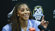 Aug 25, 2025; Chicago, Illinois, USA; Chicago Sky franchise legend and WNBA Champion Candace Parker speaks during a press conference before a WNBA game between the Chicago Sky and Las Vegas Aces at Wintrust Arena. Mandatory Credit: Kamil Krzaczynski-Imagn Images