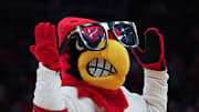 Louie The Cardinal wears glasses to honor head coach Pat Kelsey during their game against Duke at the KFC Yum! Center in Louisville, Ky. on Dec. 8, 2024.