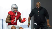 Mar 7, 2024; Columbus, OH, USA; Ohio State Buckeyes running back Quinshon Judkins (1) works with