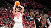 Mar 26, 2024; Columbus, OH, USA; Ohio State Buckeyes forward Jamison Battle (10) shoots a three