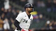 White Sox designated hitter Eloy Jimenez rounds the bases after hitting a two-run home run against the Tampa Bay Rays at Guaranteed Rate Field. 