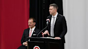Ohio State basketball head coach Jake Diebler speaks alongside incoming athletic director Ross Bjork during his introductory press conference at Value City Arena.