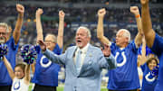 Jim Irsay, Colts owner, participates in a special grandparents event on a halftime performance by Colts Junior Cheer.