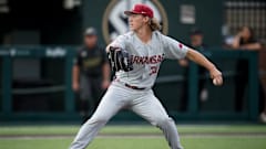 Arkansas pitcher Hagen Smith  throws a pitch against Vanderbilt 