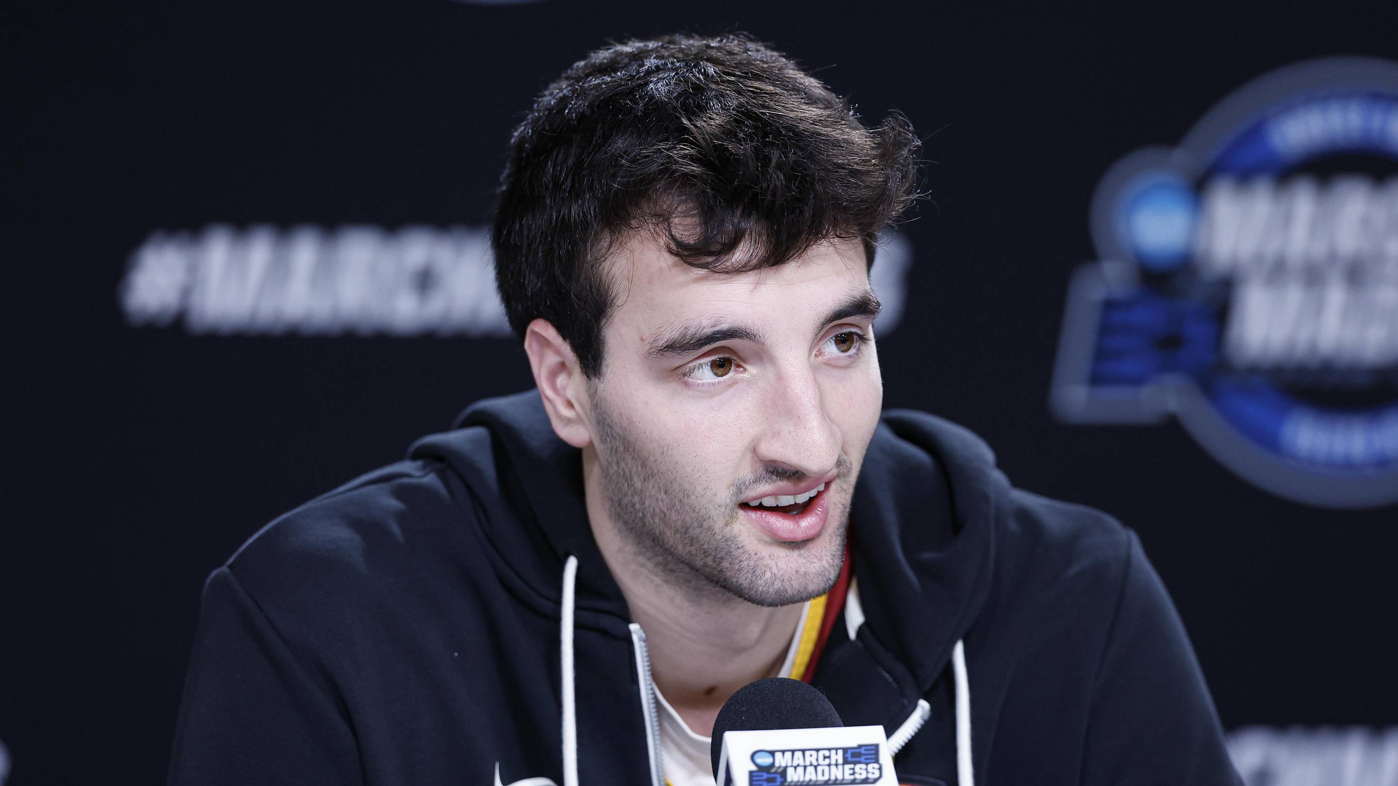 Mar 26, 2026; Chicago, IL, USA; Iowa State Cyclones forward Milan Momcilovic (22) speaks ahead of the Midwest regional of the men's 2026 NCAA Tournament at United Center. Mandatory Credit: Kamil Krzaczynski-Imagn Images