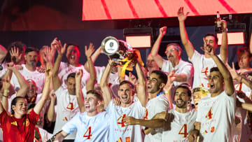 Spanish football team celebrates in Madrid after Spain wins Euro 2024 against England