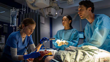 PULSE. (L-R) Willa Fitzgerald as Danny, Chelsea Muirhead as Sophie Chan, and Colin Woodell as Xander Phillips in Episode 110 of Pulse. Cr. Jeff Neumann/Netflix © 2024
