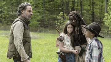 Andrew Lincoln as Rick Grimes, Danai Gurira as Michonne, Cailey Fleming as Judith, Anthony Azor as RJ - The Walking Dead: The Ones Who Live _ Season 1, Episode 6 - Photo Credit: Gene Page/AMC