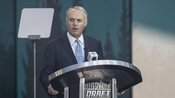 Jul 9, 2023; Seattle, Washington, USA; MLB commissioner Rob Manfred speaks during the first round of the MLB Draft at Lumen Field. Mandatory Credit: Stephen Brashear-Imagn Images