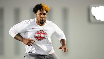 Ohio State Buckeyes offensive lineman Josh Simmons works out during the pro day for NFL scouts at the Woody Hayes Athletic Cente on March 26, 2025.