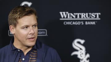 Apr 26, 2024; Chicago, Illinois, USA; Chicago White Sox general manager Chris Getz speaks before a baseball game between the Chicago White Sox and Tampa Bay Rays at Guaranteed Rate Field. Mandatory Credit: Kamil Krzaczynski-Imagn Images