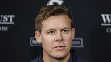 Apr 26, 2024; Chicago, Illinois, USA; Chicago White Sox general manager Chris Getz speaks before a baseball game between the Chicago White Sox and Tampa Bay Rays at Guaranteed Rate Field. Mandatory Credit: Kamil Krzaczynski-Imagn Images