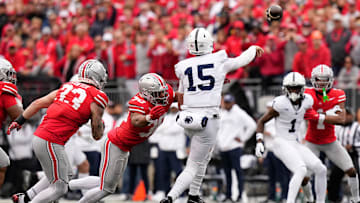 Ohio State Buckeyes linebacker Cody Simon (30) pressures Penn State Nittany Lions quarterback Drew Allar (15)