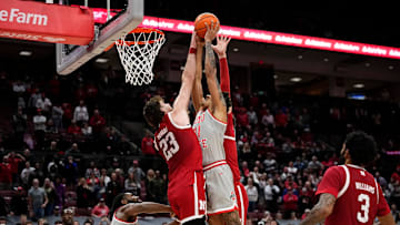 Nebraska Cornhuskers forward Andrew Morgan (23) fould Ohio State Buckeyes forward Devin Royal (21) during the first overtime of the NCAA men's basketball game at Value City Arena in Columbus on March 4, 2025. Ohio State won 116-114 in double overtime.