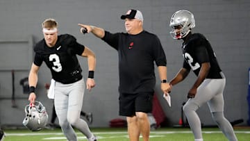 Mar 5, 2024; Columbus, OH, USA; Ohio State Buckeyes offensive coordinator Chip Kelly works with