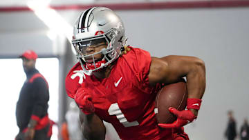 Mar 5, 2024; Columbus, OH, USA; Ohio State Buckeyes running back Quinshon Judkins (1) runs during