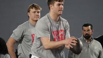 Mar 20, 2024; Columbus, Ohio, USA; Ohio State Buckeyes head coach Ryan Day and quarterback Devin
