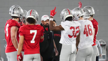 Mar 5, 2024; Columbus, OH, USA; Ohio State Buckeyes head coach Ryan Day talks to his team during the