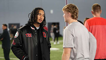 Mar 20, 2024; Columbus, Ohio, USA; Houston Texans quarterback CJ Stroud talks to Ohio State Buckeyes quarterback Devin Brown during Pro Day at the Woody Hayes Athletic Center.