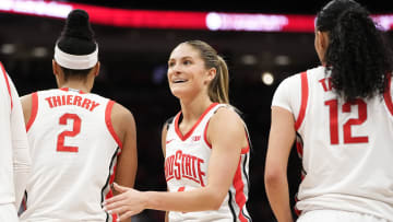 Feb 28, 2024; Columbus, OH, USA; Ohio State Buckeyes guard Jacy Sheldon (4) smiles during the second half of the NCAA women’s basketball game against the Michigan Wolverines at Value City Arena. Ohio State won 67-51.