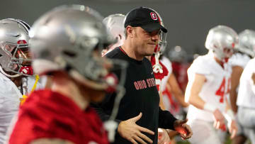 Mar 5, 2024; Columbus, OH, USA; Ohio State Buckeyes offensive line coach Justin Frye works with the team during the first spring practice at the Woody Hayes Athletic Center.