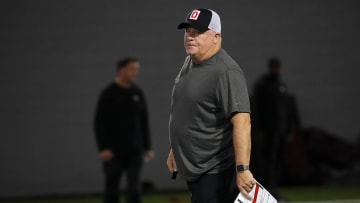 Mar 7, 2024; Columbus, OH, USA; Ohio State Buckeyes offensive coordinator Chip Kelly watches players during spring football practice at the Woody Hayes Athletic Center.