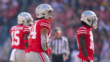 Nov 26, 2022; Columbus, Ohio, USA;  Ohio State Buckeyes defensive end J.T. Tuimoloau (44) yells after making a tackle during the first half of the NCAA football game against the Michigan Wolverines at Ohio Stadium. Mandatory Credit: Adam Cairns-The Columbus Dispatch

Ncaa Football Michigan Wolverines At Ohio State Buckeyes