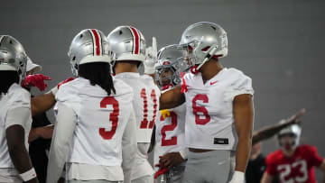 Mar 5, 2024; Columbus, OH, USA; Ohio State Buckeyes safety Sonny Styles (6) lines up for drills during the first spring practice at the Woody Hayes Athletic Center.