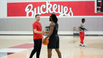 Jul 9, 2024; Columbus, OH, USA; Ohio State Buckeyes head coach Jake Diebler talks to Ohio State Buckeyes guard Bruce Thornton during a summer workout in the practice gym at the Schottenstein Center.