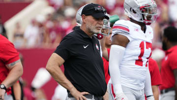 Sep 2, 2023; Bloomington, Indiana, USA; Ohio State Buckeyes defensive coordinator Jim Knowles watches warm ups prior to the NCAA football game at Indiana University Memorial Stadium. Ohio State won 23-3.