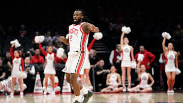 Mar 19, 2024; Columbus, OH, USA; Ohio State Buckeyes guard Bruce Thornton (2) reacts to hitting a three pointer during the first half of the NIT basketball game against the Cornell Big Red at Value City Arena.