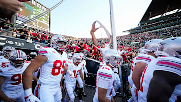 Oct 12, 2024; Eugene, Oregon, USA; The Ohio State Buckeyes take the field prior to the NCAA football game against the Oregon Ducks at Autzen Stadium