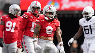 Aug 31, 2024; Columbus, OH, USA; Ohio State Buckeyes safety Lathan Ransom (8) celebrates during the NCAA football game against the Akron Zips at Ohio Stadium. Ohio State won 52-6.