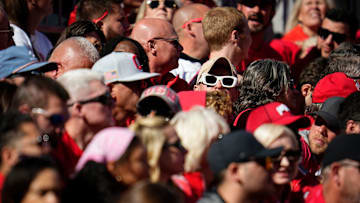 Fans watch during the first half of the NCAA football game between the Ohio State Buckeyes and the Nebraska Cornhuskers at Ohio Stadium in Columbus on Saturday, Oct. 26, 2024.