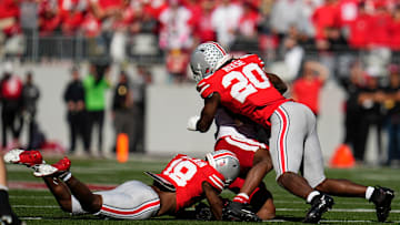Ohio State Buckeyes linebacker Arvell Reese (20) hits Nebraska Cornhuskers wide receiver Jahmal Banks (4) during the second half of the NCAA football game at Ohio Stadium in Columbus on Saturday, Oct. 26, 2024. Reese was called for targeting on the play. Ohio State won 21-17.