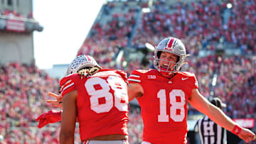 Ohio State Buckeyes quarterback Will Howard (18) celebrates with tight end Gee Scott Jr. (88) after Scott scored a touchdown in the first half at Ohio Stadium on Saturday, Nov. 9, 2024 in Columbus, Ohio.