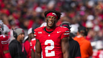 Nov 9, 2024; Columbus, Ohio, USA; Ohio State Buckeyes safety Caleb Downs (2) smiles during the second half against the Purdue Boilermakers at Ohio Stadium. Mandatory Credit: Samantha Madar-Imagn Images