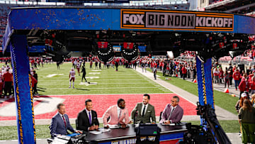 The Fox Big Noon Kickoff crew broadcasts from the endzone prior to the NCAA football game between the Ohio State Buckeyes and the Nebraska Cornhuskers at Ohio Stadium in Columbus on Saturday, Oct. 26, 2024.