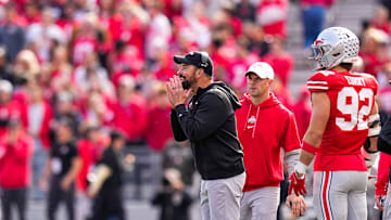 Ohio State Buckeyes head coach Ryan Day yells at his players in the first half at Ohio Stadium on Saturday, Nov. 9, 2024 in Columbus, Ohio.