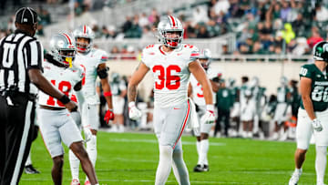 Sep 28, 2024; East Lansing, Michigan, USA; Ohio State Buckeyes linebacker Gabe Powers (36) reacts in the second half at Spartan Stadium on Saturday.