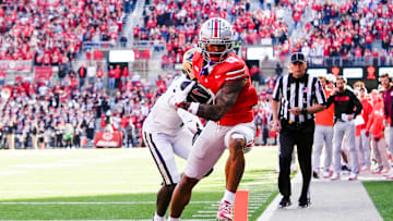 Ohio State Buckeyes wide receiver Emeka Egbuka (2) scores a touchdown against the Purdue Boilermakers in the second half at Ohio Stadium on Saturday, Nov. 9, 2024 in Columbus, Ohio.