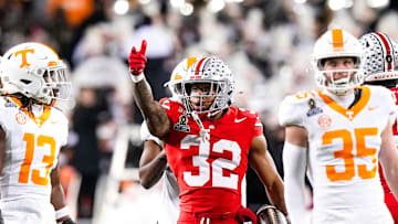 Ohio State running back TreVeyon Henderson (32) celebrates in the first half at Ohio Stadium on Saturday, Dec. 21, 2024 in Columbus, Ohio.