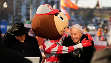 Ohio State mascot Brutus interacts with Lee Corso on the set of ESPN College GameDay prior to the College Football Playoff first round game between the Ohio State Buckeyes and Tennessee Volunteers in Columbus on Dec. 21, 2024.