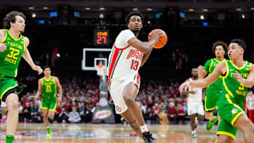 Ohio State Buckeyes forward Sean Stewart (13) drives the ball to the basket against the Oregon Ducks in the first half at Value City Arena on Thursday, Jan. 9, 2025 in Columbus, Ohio.