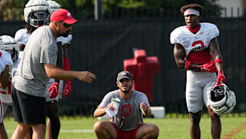 Aug 8, 2024; Columbus, Ohio, USA; Ohio State Buckeyes safety Caleb Downs (2) and safeties coach Matt Guerrieri watch during football practice at the Woody Hayes Athletic Complex.