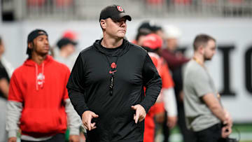 Ohio State Buckeyes offensive line coach Justin Frye leads his players during practice for the College Football Playoff against the Notre Dame Fighting Irish at the Mercedes-Benz Stadium in Atlanta on Jan. 18, 2025.