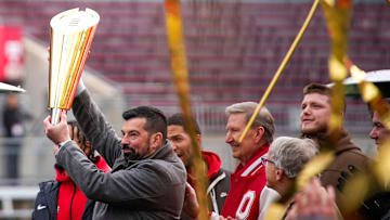 Ohio State Buckeyes head coach Ryan Day raises the trophy during Ohio State's national championship celebration at Ohio Stadium on Sunday, Jan. 26, 2025 in Columbus, Ohio.