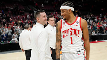 Mar 19, 2024; Columbus, OH, USA; Ohio State Buckeyes head coach Jake Diebler congratulates guard Roddy Gayle Jr. (1) following their 88-83 win over the Cornell Big Red in the NIT basketball game at Value City Arena.